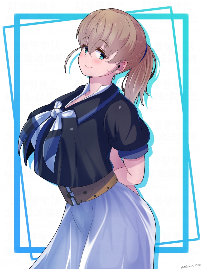 1girl arms_behind_head belt black_shirt blue_eyes breasts brown_belt brown_hair cowboy_shot highres intrepid_(kancolle) intrepid_kai_(kancolle) kantai_collection large_breasts multicolored_neckerchief neckerchief ponytail shirt short_hair skirt solo white_skirt yoko_hata