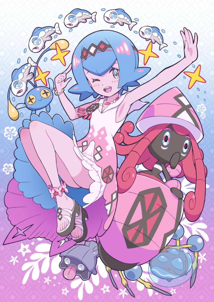 1girl ;d absurdres anklet araquanid armpits bare_legs blue_hair bright_pupils chinchou commentary_request creatures_(company) dress game_freak gen_1_pokemon gen_2_pokemon gen_7_pokemon gradient_background hairband highres index_finger_raised jewelry lana_(pokemon) lana_(sygna_suit)_(pokemon) legendary_pokemon looking_at_viewer necklace nintendo official_alternate_costume one_eye_closed open_mouth outstretched_arm pokemoa pokemon pokemon_(creature) pokemon_masters_ex sandals shellder short_hair sleeveless sleeveless_dress smile tapu_lele teeth toes tongue upper_teeth_only white_dress white_pupils wishiwashi wishiwashi_(solo)