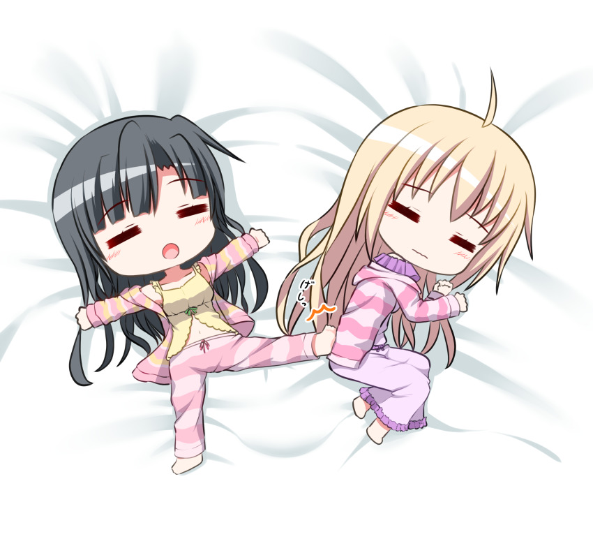 2girls =_= ahoge alternate_hairstyle aunt_and_niece barefoot black_hair blonde_hair blush breasts camisole closed_eyes commentary deformed from_above getsuyoshi hair_down highres itsumura_haruka itsumura_yukari kicking long_hair lying midriff multiple_girls navel on_back on_side open_mouth outstretched_arms pajamas pants pink_pants pink_shirt purple_skirt re:stage! shirt skirt sleeping small_breasts spread_arms spread_eagle_position striped_clothes striped_pants striped_shirt translated yellow_camisole