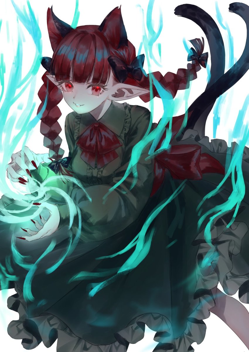 1girl ama_asagi animal_ear_fluff animal_ears aura black_bow blunt_bangs bow braid cat_ears cat_tail collared_dress commentary cowboy_shot dress extra_ears fingernails frilled_dress frills green_dress hair_bow highres kaenbyou_rin lips long_hair looking_at_viewer multiple_tails nail_polish neckerchief nekomata parted_lips pointy_ears red_bow red_eyes red_hair red_nails red_neckerchief sharp_fingernails smile solo tail teeth touhou twin_braids two_tails waist_bow