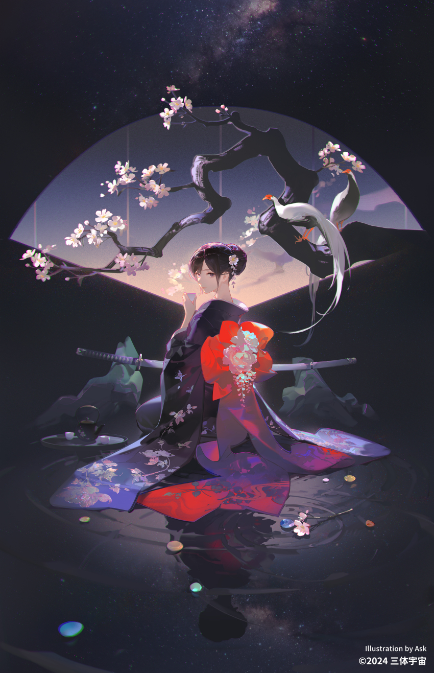 1girl absurdres artist_name ask_(askzy) bird black_background black_hair branch cherry_blossoms choko_(cup) closed_mouth commentary_request copyright_name copyright_notice cup floral_print flower from_behind full_body gem hair_bun hair_flower hair_ornament highres holding holding_cup japanese_clothes katana kimono looking_back obi official_art parted_bangs purple_eyes purple_kimono reflection reflective_water remembrance_of_earth&#039;s_past ripples rock sash seiza sidelocks sitting sitting_on_liquid sky solo sophon star_(sky) starry_sky sword tea_set teacup teapot tray tree water watermark weapon wide_sleeves