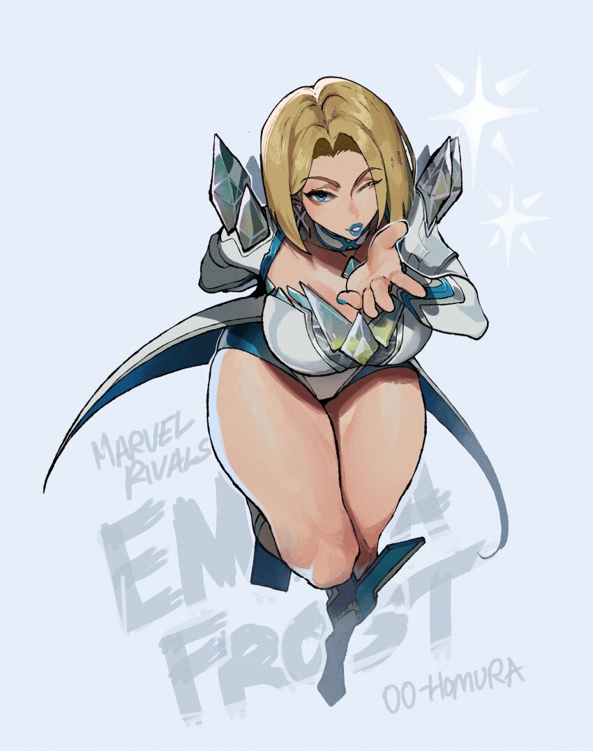 1girl blonde_hair blowing_kiss blue_eyes blue_lips bob_cut breasts commentary emma_frost english_commentary english_text gloves highres looking_at_viewer marvel marvel_rivals nyantcha one_eye_closed open_mouth short_hair simple_background solo thick_thighs thighs x-men