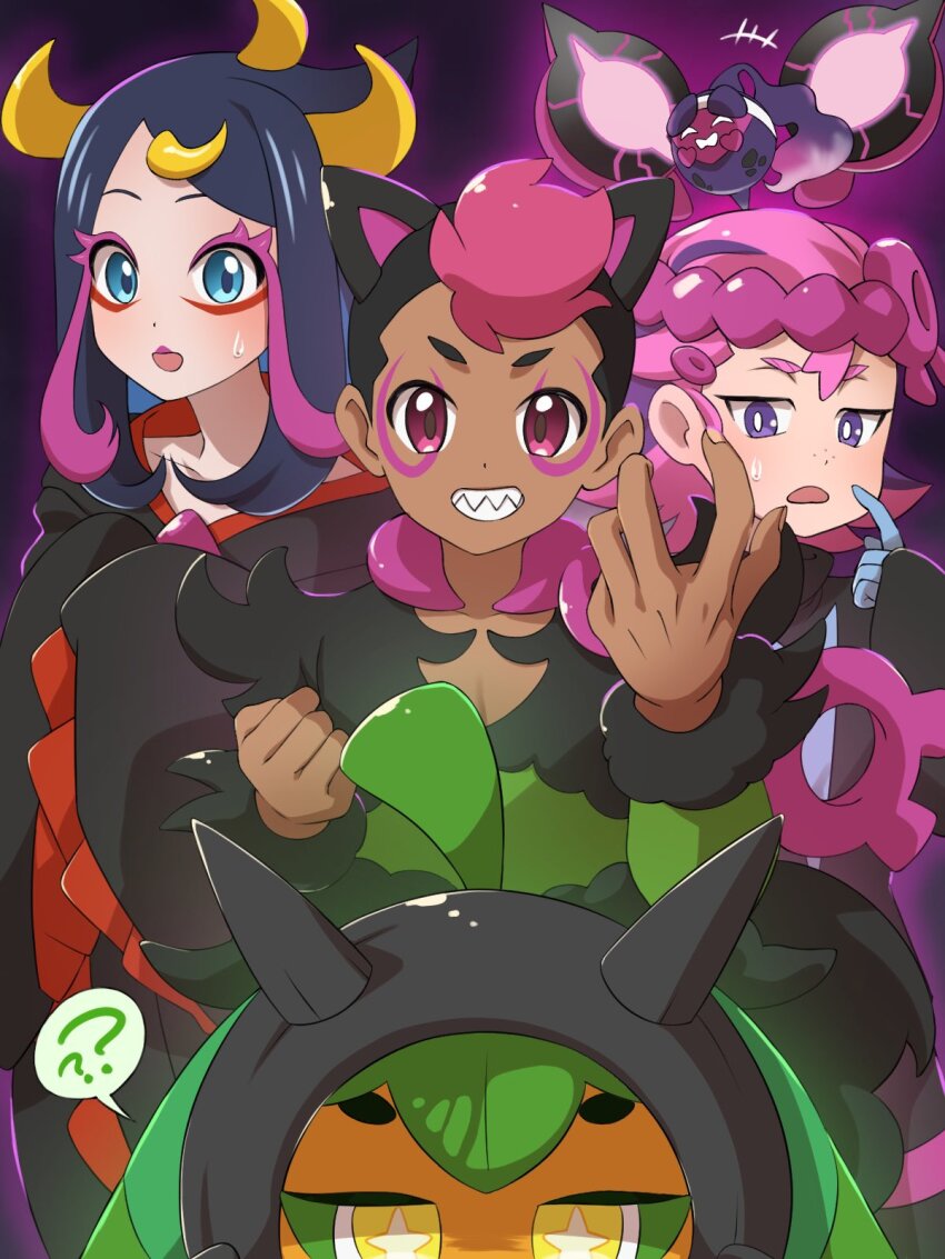 1boy 2girls amedamaneko black_hair blue_eyes blush cosplay cowlick dark-skinned_male dark_skin dot_(pokemon) eyelashes fezandipiti hair_ornament hair_over_eyes highres liko_(pokemon) multicolored_hair multiple_girls munkidori nintendo ogerpon okidogi open_mouth pecharunt pink_hair pokemon pokemon_(anime) pokemon_(creature) pokemon_horizons purple_eyes purple_hair roy_(pokemon) shirt short_hair smile star_(symbol) symbol-shaped_pupils