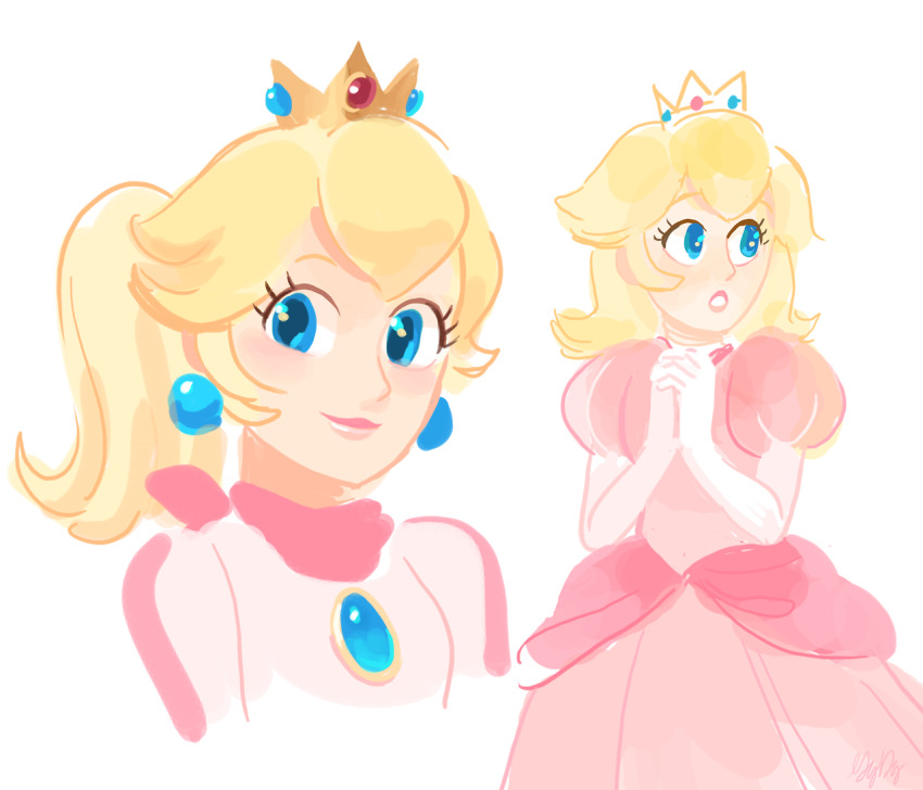 biker_peach blonde_hair crown dress earrings gigi_d.g. gloves jewelry mario_(series) multiple_views nintendo pink_dress ponytail princess_peach simple_background source_request sphere_earrings white_background
