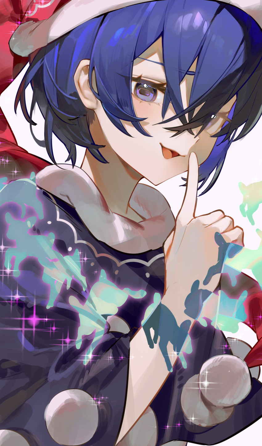 1girl absurdres black_dress blue_eyes blue_hair commentary_request doremy_sweet dress ender_xiaohai finger_to_mouth hair_between_eyes hat highres horizontal_pupils index_finger_raised looking_at_viewer nightcap open_mouth pom_pom_(clothes) red_hat short_hair smile solo sparkle touhou upper_body