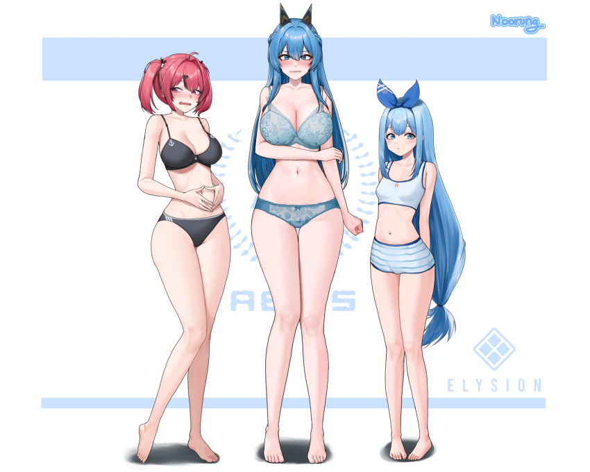 3girls aegis_(nikke) anchor_(nikke) artist_name bare_shoulders barefoot black_bra black_panties blue_bra blue_eyes blue_hair blue_panties blue_shorts blush bra breasts cleavage commentary curvy feet full_body goddess_of_victory:_nikke hair_ornament hair_ribbon helm_(nikke) highres large_breasts long_hair mast_(nikke) multiple_girls navel noorung panties red_eyes red_hair ribbon shiny_skin short_hair shorts small_breasts stomach toes twintails underwear underwear_only very_long_hair wide_hips