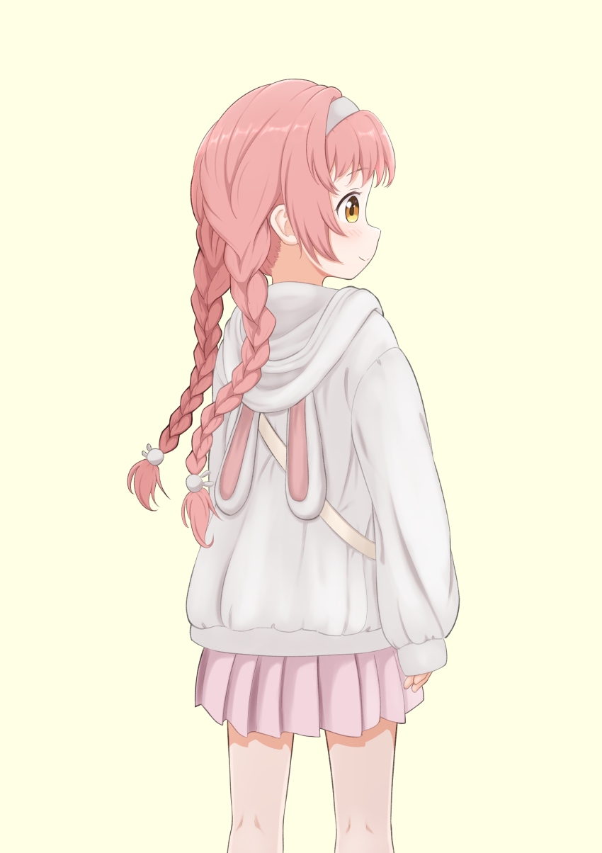 1girl absurdres animal_hood bad_source braid closed_mouth grey_hoodie hairband highres hood hood_down hoodie mimi_(princess_connect!) pink_hair pink_skirt pleated_skirt princess_connect! rabbit_hood skirt solo tanakaminos twin_braids white_hairband yellow_background yellow_eyes