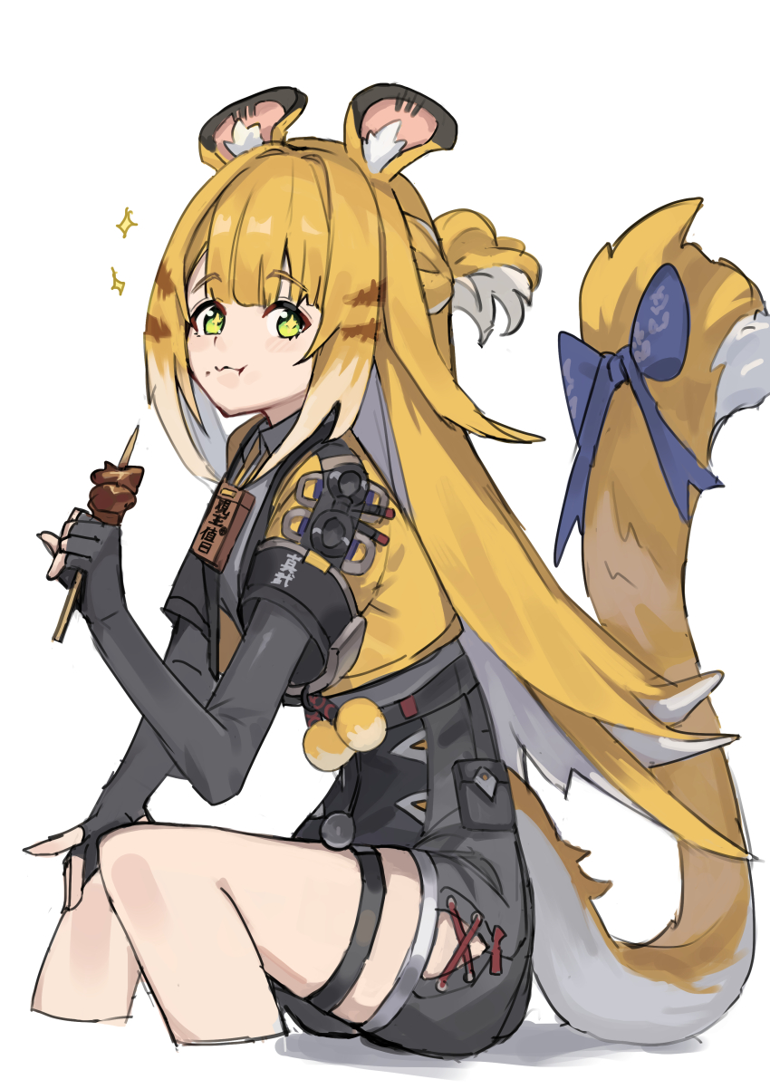 1girl absurdres animal_ear_fluff animal_ears blonde_hair green_eyes high-waist_shorts highres hime_cut ju_fufu long_hair looking_at_viewer orange_fur satonoko shorts simple_background smile solo striped_fur tail tiger_ears tiger_girl tiger_tail white_background zenless_zone_zero