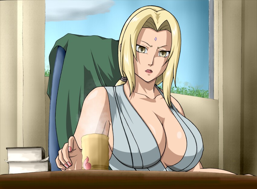 1girl absurdres armpit_crease blonde_hair breasts coffee deviantart female_focus fingernails hair_ornament highres hokage kaendd large_breasts long_hair looking_at_viewer mature_female naruto_(classic) naruto_(series) naruto_shippuuden open_mouth sexually_suggestive sitting solo tattoo tsunade_(naruto) yellow_eyes