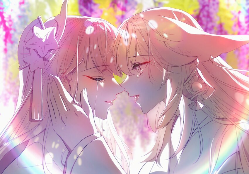 2girls animal_ear_piercing animal_ears blunt_bangs blurry blurry_background closed_eyes couple crying crying_with_eyes_open dappled_sunlight fan_hair_ornament flower flower_ornament fox_ears fox_girl from_side genshin_impact hair_between_eyes hair_flower hair_ornament hand_on_another&#039;s_head heads_together highres incoming_kiss japanese_clothes leaning_forward light_rays long_hair long_sleeves multiple_girls noses_touching open_mouth outdoors partially_colored raiden_shogun rainbow sad shade standing streaming_tears sugarcanedove sunbeam sunlight tearing_up tears upper_body wavy_hair wide_sleeves wisteria yae_miko yuri