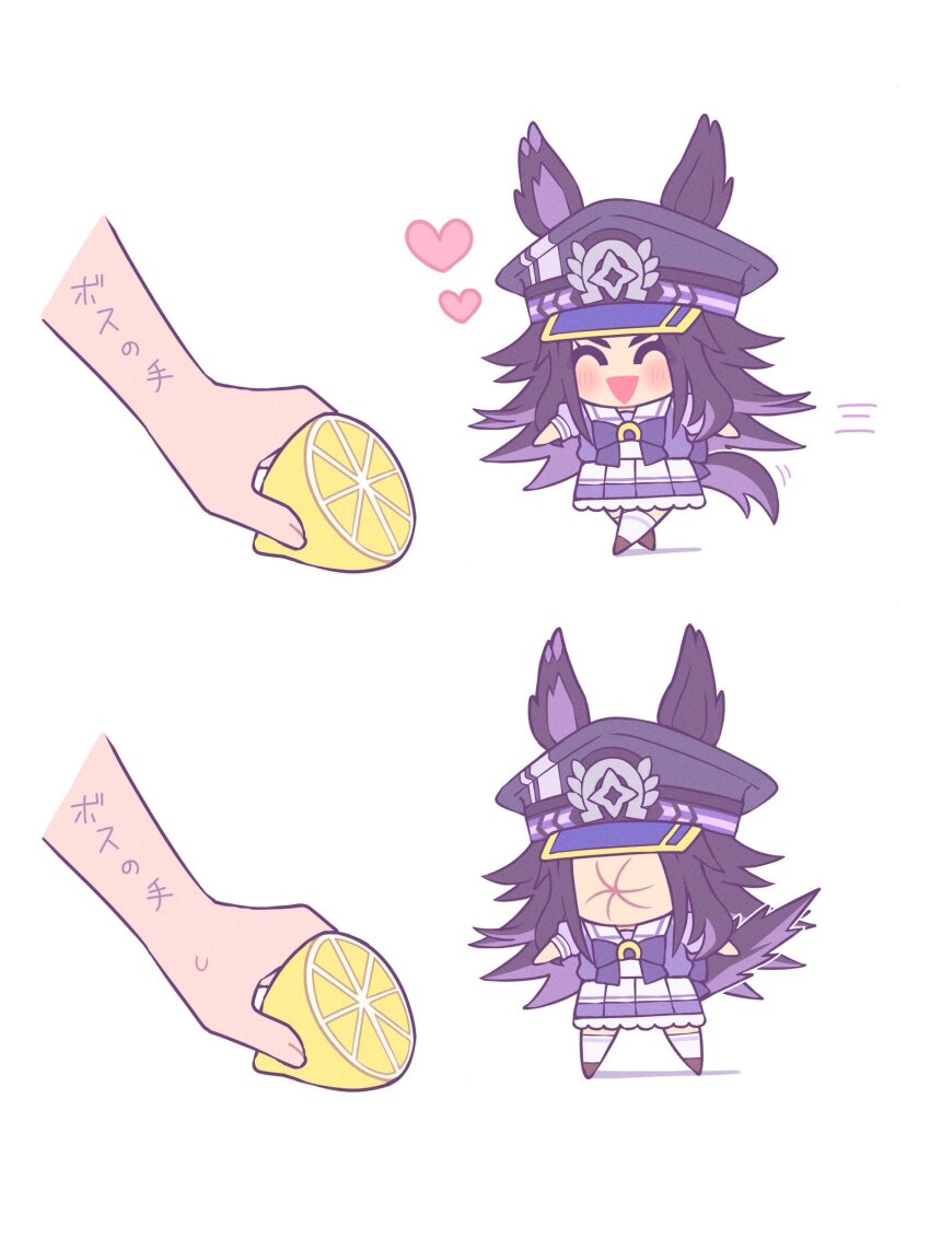 1girl animal_ears black_hair bow ear_bow ears_through_headwear fenomeno_(umamusume) flipped_hair food fruit grey_hat hat highres horse_ears horse_girl horse_tail horseshoe_hat_ornament horseshoe_ornament horseshoe_print lemon lemon_slice long_hair multicolored_hair peaked_cap pillbox_hat purple_hair school_uniform simple_background smile striped_hat tail tracen_school_uniform umamusume w3n6e