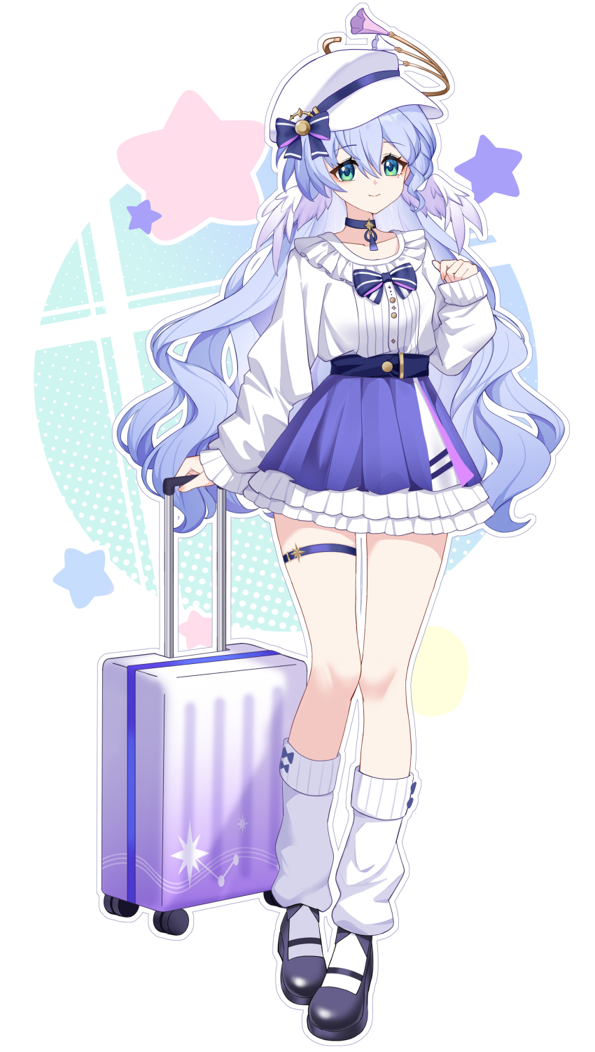 1girl absurdres alternate_costume black_shoes blue_hair casual choker closed_mouth face_jewel ff2074 full_body hair_between_eyes halo hat head_wings highres honkai:_star_rail honkai_(series) jewel_under_eye long_hair looking_at_viewer loose_socks robin_(honkai:_star_rail) shirt shirt_tucked_in shoes simple_background smile socks standing suitcase thigh_strap two-tone_skirt white_background white_hat white_shirt white_socks wings
