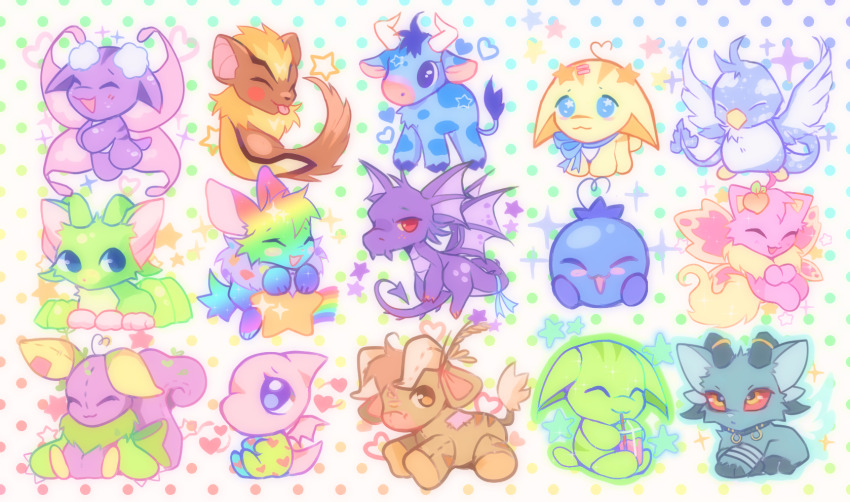 acara animal_focus baby_neopet bird blue_bow blueberry bow chibi chibi_only cloud_neopet commentary cow creature creature_focus cybunny darigan_neopet dragon draik english_commentary faerie_neopet fairy fairy_wings fluffy food fruit gelatin ghost highres horns jubjub_(neopets) kacheek kau_(neopets) neogeopet neopet_(creature) neopets no_humans peach plushie_neopet poogle pteri rabbit rainbow_neopet shoyru star_(symbol) stuffed_toy usul wings wocky_(neopets) xweetok