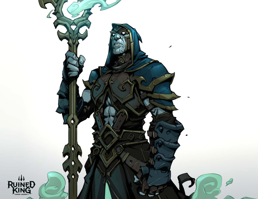 1boy abs armor aron_lusen belt brown_belt brown_cloak brown_gloves character_request cloak colored_skin commentary copyright_name fingerless_gloves gloves glowing glowing_eyes grey_skin hicham_habchi highres holding holding_staff hood hood_up league_of_legends long_sleeves monochrome necrit_(league_of_legends) no_eyes official_art pants parted_lips ruined_king:_a_league_of_legends_story solo staff teeth