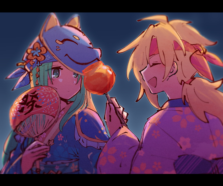 2girls alonemistrist alternate_hairstyle bandana blonde_hair blue_bandana candy_apple fire_emblem fire_emblem:_radiant_dawn fire_emblem_heroes floral_print floral_print_kimono food green_eyes green_hair hand_fan headband heather_(fire_emblem) holding holding_fan japanese_clothes kimono long_hair long_sleeves looking_at_another mask mask_on_head multiple_girls nephenee_(fire_emblem) nephenee_(yukata)_(fire_emblem) nintendo print_kimono red_headband wide_sleeves