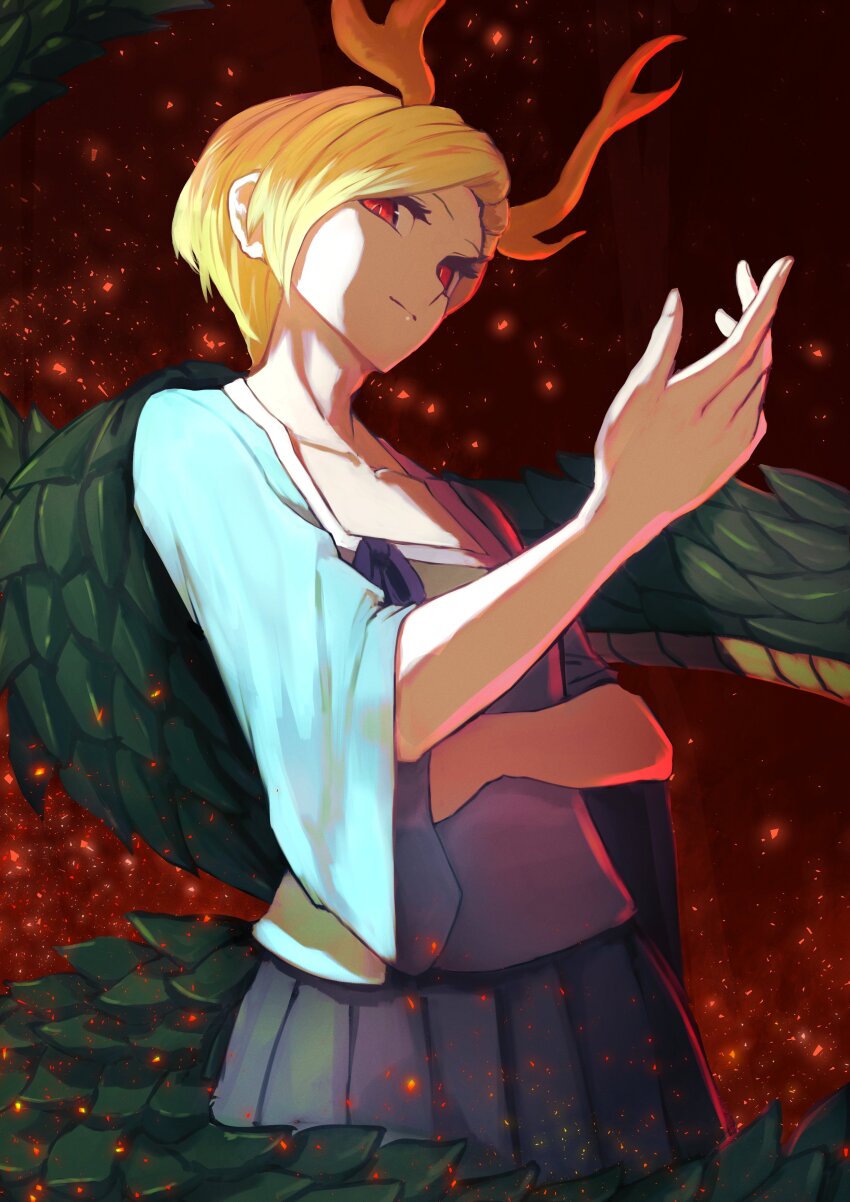 1girl absurdres antlers blonde_hair blue_shirt dragon_girl dragon_horns dragon_tail green_scales green_tail highres horns kicchou_yachie looking_at_viewer mizuki_0630 monster_girl red_eyes scales shirt short_hair skirt solo square_neckline tail touhou turtle_shell yellow_horns