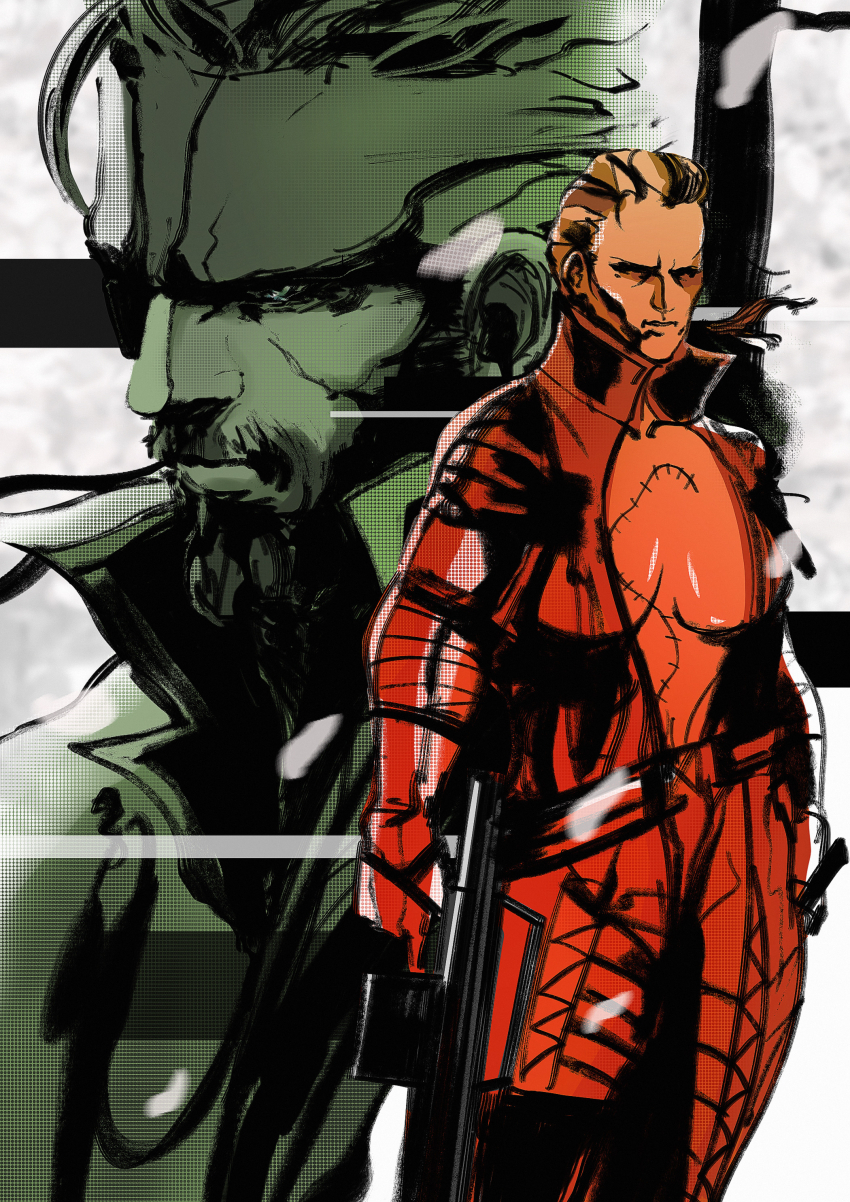1boy 1girl absurdres artist_request assault_rifle bandana beta_c-mag big_boss bodysuit breasts carbine drum_magazine gun high-capacity_magazine highres m16 m231_firing_port_weapon magazine_(weapon) medium_breasts metal_gear_(series) metal_gear_solid_3:_snake_eater official_style open_bodysuit open_clothes patriot_(metal_gear) rifle scar short-barreled_rifle the_boss weapon