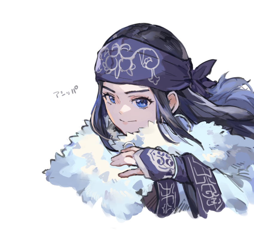 1girl ainu ainu_clothes asirpa bandana black_hair blue_bandana blue_eyes cape earrings fur_cape golden_kamuy hoop_earrings jewelry long_hair long_sleeves monte_tako portrait simple_background smile solo white_background