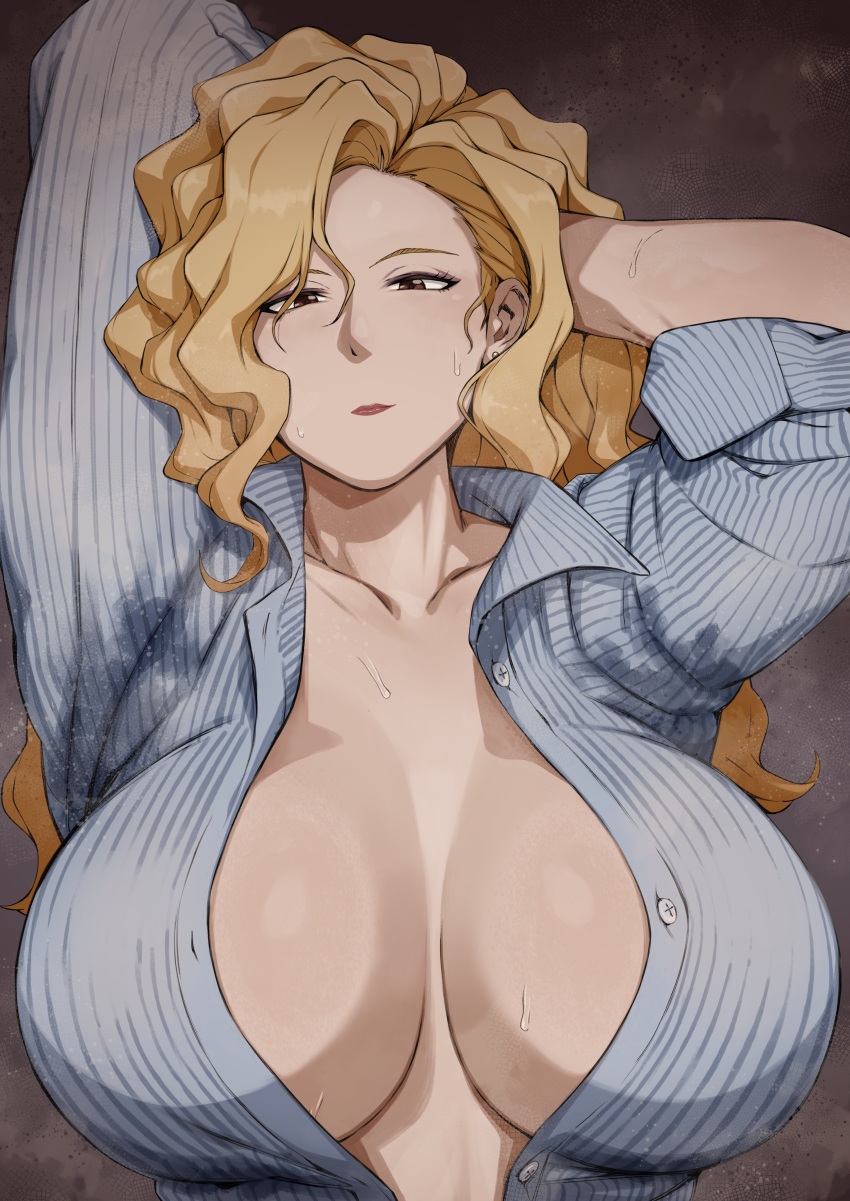 1girl absurdres akinaiyo arms_behind_head arms_up blonde_hair blue_shirt breasts brown_eyes collared_shirt eyeliner golden_boy hands_in_own_hair highres huge_breasts long_hair looking_at_viewer makeup mature_female no_bra onna_shachou pinstripe_pattern pinstripe_shirt shirt sleeves_pushed_up solo steaming_body striped sweat sweaty_clothes unbuttoned unbuttoned_shirt