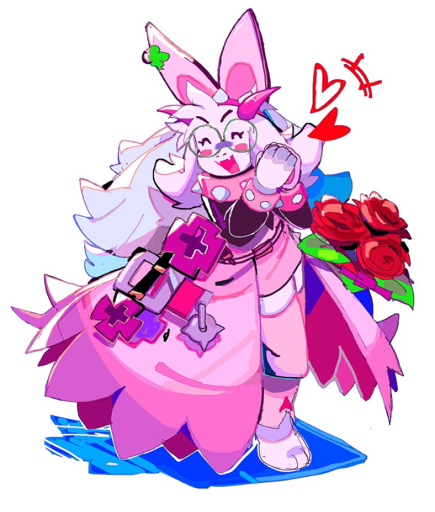 1boy animal_ears bracelet collar cosplay deltarune dress elphelt_valentine elphelt_valentine_(cosplay) flower full_body furry goat_boy goat_ears guilty_gear heart highres jewelry long_hair looking_at_viewer open_mouth own_hands_together pink_collar pink_dress ralsei red_flower red_rose rose round_eyewear simple_background smile solo spiked_bracelet spiked_collar spikes tierrlist white_background white_hair wrist_cuffs