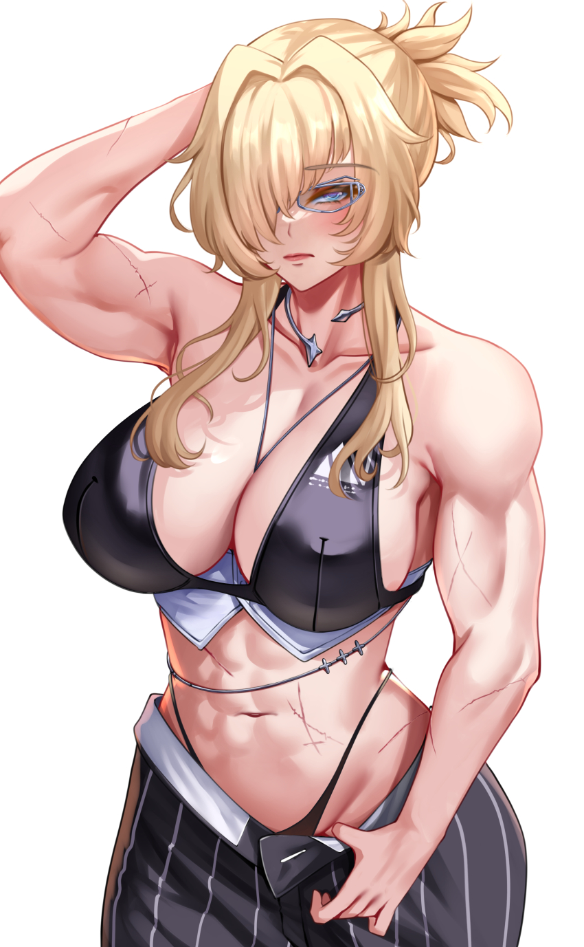 1girl abs absurdres arm_up bare_shoulders bikini black_bikini black_pants blonde_hair blue_eyes breasts cleavage closed_mouth collar collarbone commentary cowboy_shot english_commentary glasses goddess_of_victory:_nikke grave_(beautiful_you)_(nikke) grave_(nikke) groin hair_between_eyes hair_intakes hair_over_one_eye highleg highleg_bikini highres karma3009 large_breasts light_blush long_hair looking_at_viewer metal_collar multiple_scars muscular muscular_female navel necklace_between_breasts no_jacket official_alternate_costume open_fly pants pinstripe_pants pinstripe_pattern ponytail scar scar_on_arm scar_on_stomach short_ponytail sidelocks simple_background solo standing stomach swimsuit white_background