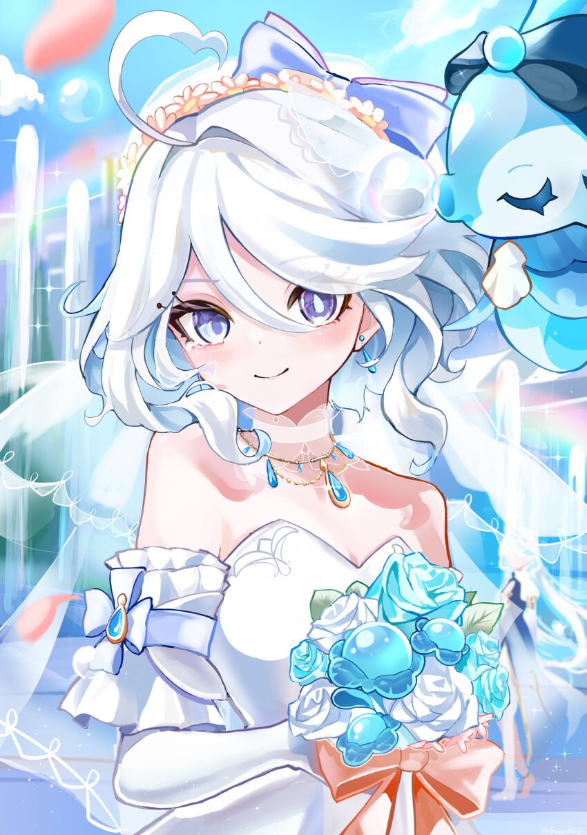 1girl ahoge bare_shoulders blue_eyes blue_flower blue_hair blue_sky bouquet bow breasts chaena_(exmd3552) choker cleavage commentary_request day dress drop-shaped_pupils earrings elbow_gloves flower furina_(genshin_impact) genshin_impact gloves hair_intakes heterochromia highres holding holding_bouquet jewelry lakelight_lily_(genshin_impact) light_blue_hair looking_at_viewer necklace open_mouth orange_bow outdoors short_hair short_sleeves sky smile solo strapless strapless_dress surintendante_chevalmarin symbol-shaped_pupils teardrop-shaped_gem upper_body white_choker white_dress white_flower white_gloves white_hair