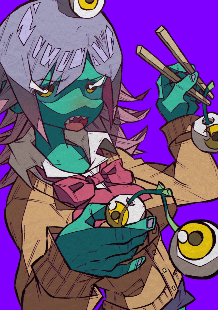 1girl absurdres alien aqua_skin bow bowtie breasts brown_cardigan cardigan chopsticks collared_shirt colored_skin eyeball female_focus fingernails hair_between_eyes highres holding holding_chopsticks left-handed long_hair long_sleeves medium_breasts midori_(uchuu_patrol_luluco) miniskirt nail_polish open_mouth pink_bow pink_bowtie purple_background purple_hair purple_nails purple_skirt school_uniform sharp_teeth shirt skirt solo teeth uchuu_patrol_luluco white_shirt yaya_hiyayaka yellow_eyes