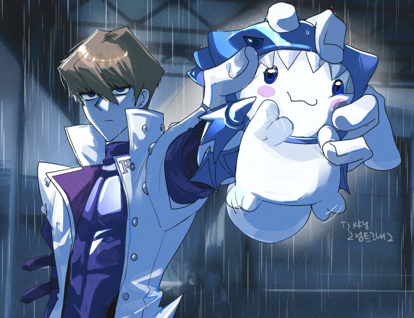 1boy artist_name black_shirt blue-eyes_white_dragon blue-eyes_white_dragon_(cosplay) blue_eyes blue_wings blush_stickers brown_hair cinnamoroll closed_mouth collared_jacket commentary cosplay crossover derivative_work dragon english_commentary fake_wings fuwa_fuwa_cinnamoroll holding jacket kaiba_seto male_focus mrhj1101 outdoors rain sanrio shadow shirt short_hair signature standing water_drop white_jacket wings yu-gi-oh! yu-gi-oh!_duel_monsters
