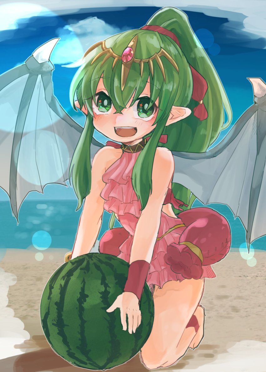 1girl bad_id bad_twitter_id beach blue_sky day dragon_wings female_focus fire_emblem fire_emblem:_mystery_of_the_emblem fire_emblem_heroes food fruit green_eyes green_hair hair_ribbon highres long_hair matumuraaaa nintendo one-piece_swimsuit open_mouth pink_one-piece_swimsuit pointy_ears ponytail red_ribbon ribbon sky solo swimsuit tiara tiki_(fire_emblem) tiki_(young)_(beachside_scion)_(fire_emblem) tiki_(young)_(fire_emblem) watermelon wings