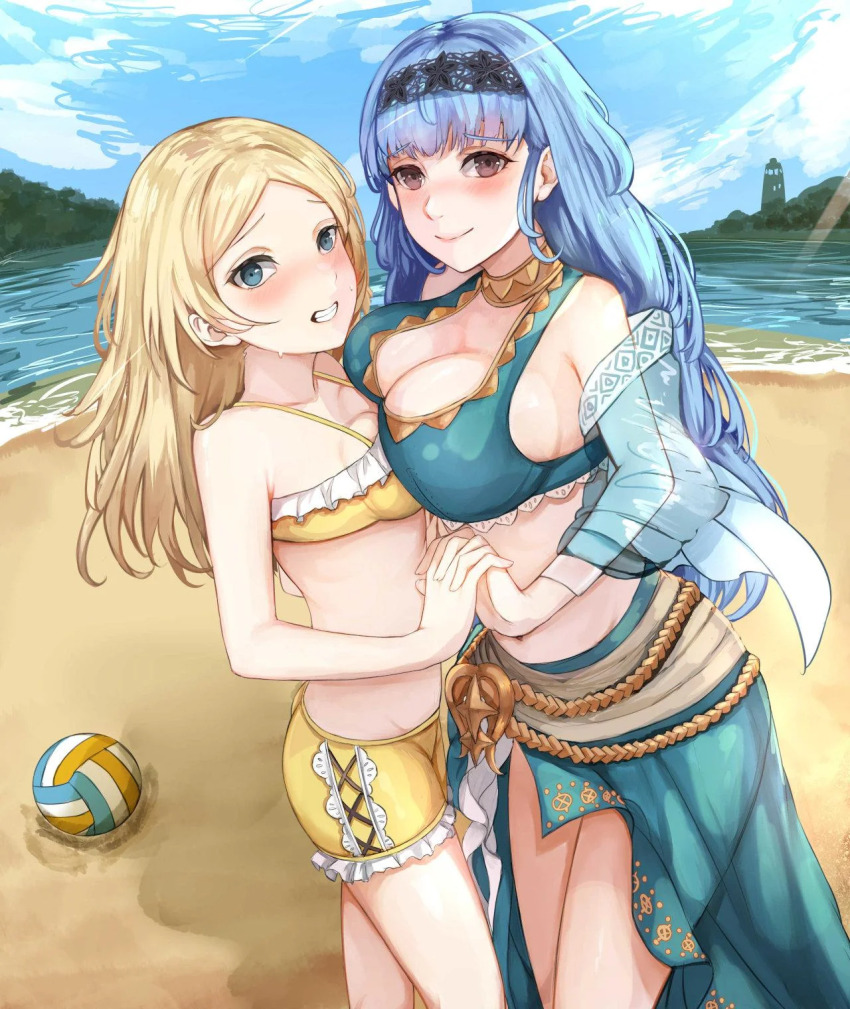 2girls :d alternate_costume asymmetrical_docking ball beach bikini bikini_shorts blonde_hair blue_bikini blue_eyes blue_hair blue_jacket blue_sky braid breast_press breasts brown_eyes cloud commentary commission cowboy_shot crown_braid day fire_emblem fire_emblem:_three_houses fire_emblem_awakening hair_down highres holding_hands innertube jacket large_breasts lissa_(fire_emblem) long_sleeves looking_at_viewer marianne_von_edmund multiple_girls navel nintendo nui_gurumi ocean official_alternate_costume open_mouth sarong short_shorts shorts sky small_breasts smile standing stomach swim_ring swimsuit thighs twintails volleyball_(object) water yellow_bikini yellow_shorts