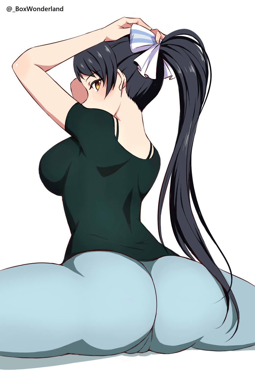 absurdres ass black_hair box_wonderland hair_ribbon hazuki_ren highres looking_at_viewer looking_back love_live! love_live!_superstar!! pants ponytail ribbon spread_legs white_background yellow_eyes yoga yoga_pants