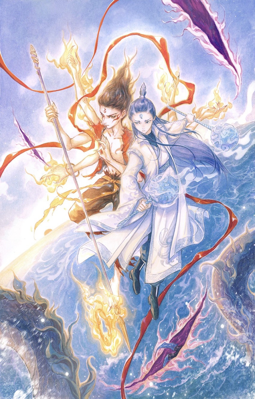 2boys 9484gu ao_bing_(nezha_zhi_motong_jiangshi) barefoot black_boots black_pants blue_eyes blue_hair blue_horns boots bracelet brown_hair chest_markings chinese_clothes chinese_commentary closed_mouth collarbone commentary_request dual_wielding eastern_dragon_horns expressionless extra_arms facial_mark fire flaming_hand flaming_weapon floating_hair flying forehead_mark full_body gold_bracelet hanfu highres holding holding_polearm holding_weapon horns jewelry long_hair long_sleeves magic male_focus marking_on_cheek multiple_boys navel nezha_(nezha_zhi_motong_jiangshi) nezha_zhi_motong_jiangshi open_clothes open_shirt outdoors painting_(medium) pants pointy_ears polearm qiang_(weapon) red_eyes red_shirt shirt sky spear stomach torn_clothes torn_pants torn_shirt traditional_media very_long_fingernails very_long_hair water watercolor_(medium) weapon white_hanfu wide_sleeves wuxia