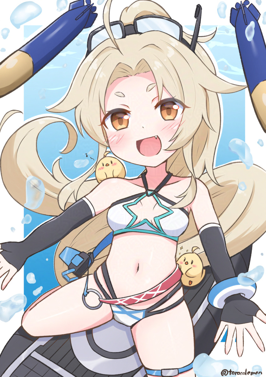1girl :d azur_lane bikini black_gloves blonde_hair blush breasts cavalla_(azur_lane) clothing_cutout commentary_request diving_mask diving_mask_on_head elbow_gloves fang fingerless_gloves gloves goggles goggles_on_head happy highres long_hair looking_at_viewer manjuu_(azur_lane) navel oboroillust open_mouth orange_eyes ponytail rigging small_breasts smile solo star_cutout straddling submarine swimsuit thigh_strap thighs torpedo very_long_hair watercraft white_bikini yellow_eyes