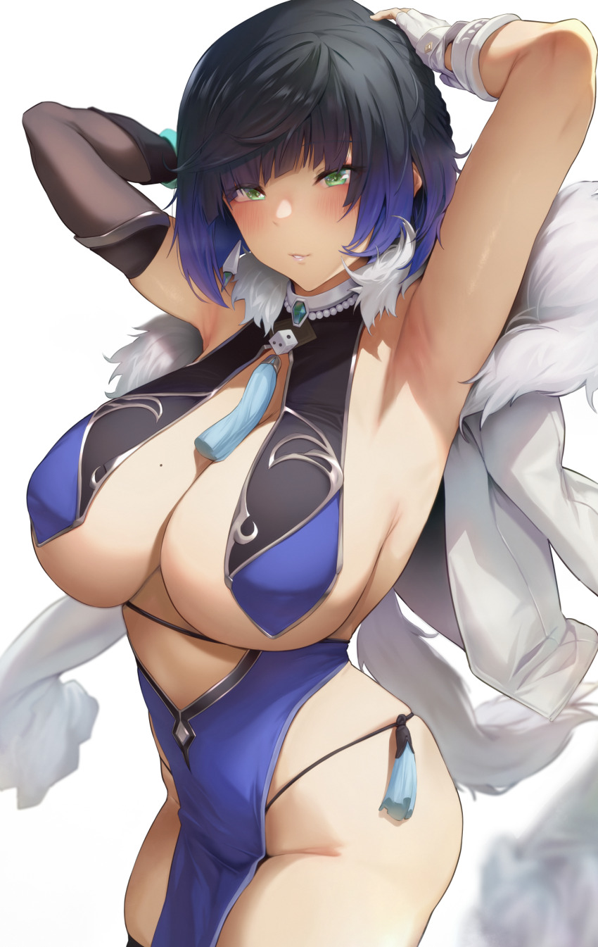 1girl absurdres armpits arms_up asymmetrical_gloves bead_choker black_gloves black_hair bob_cut bracelet breast_curtains breasts dice elbow_gloves fingerless_gloves fur-trimmed_jacket fur_trim genshin_impact gloves green_eyes highres jacket jacket_on_shoulders jewelry kurowa large_breasts mismatched_gloves mole mole_on_breast parted_lips pelvic_curtain short_hair single_elbow_glove single_fingerless_glove solo tassel_choker thighs white_gloves white_jacket yelan_(genshin_impact)