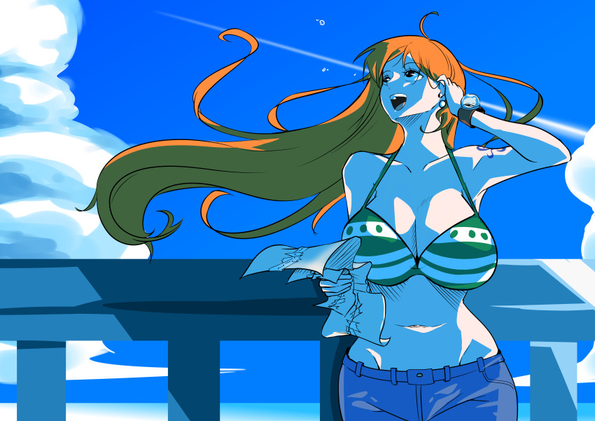 10384719_(user_wyeu8773) 1girl absurdres adjusting_hair bare_shoulders bikini bikini_top_only blue_pants blue_sky bracelet breasts brown_eyes cleavage cloud cloudy_sky collarbone commentary cowboy_shot curvy denim earrings floating_hair green_bikini halterneck hand_up highres holding holding_map huge_breasts jeans jewelry large_breasts log_pose long_hair looking_up map nami_(one_piece) nami_(one_piece)_(return_to_sabaody) navel one_piece open_mouth orange_hair outdoors pants pearl_earrings shoulder_tattoo sky solo stomach straight-on swimsuit tattoo wide_hips