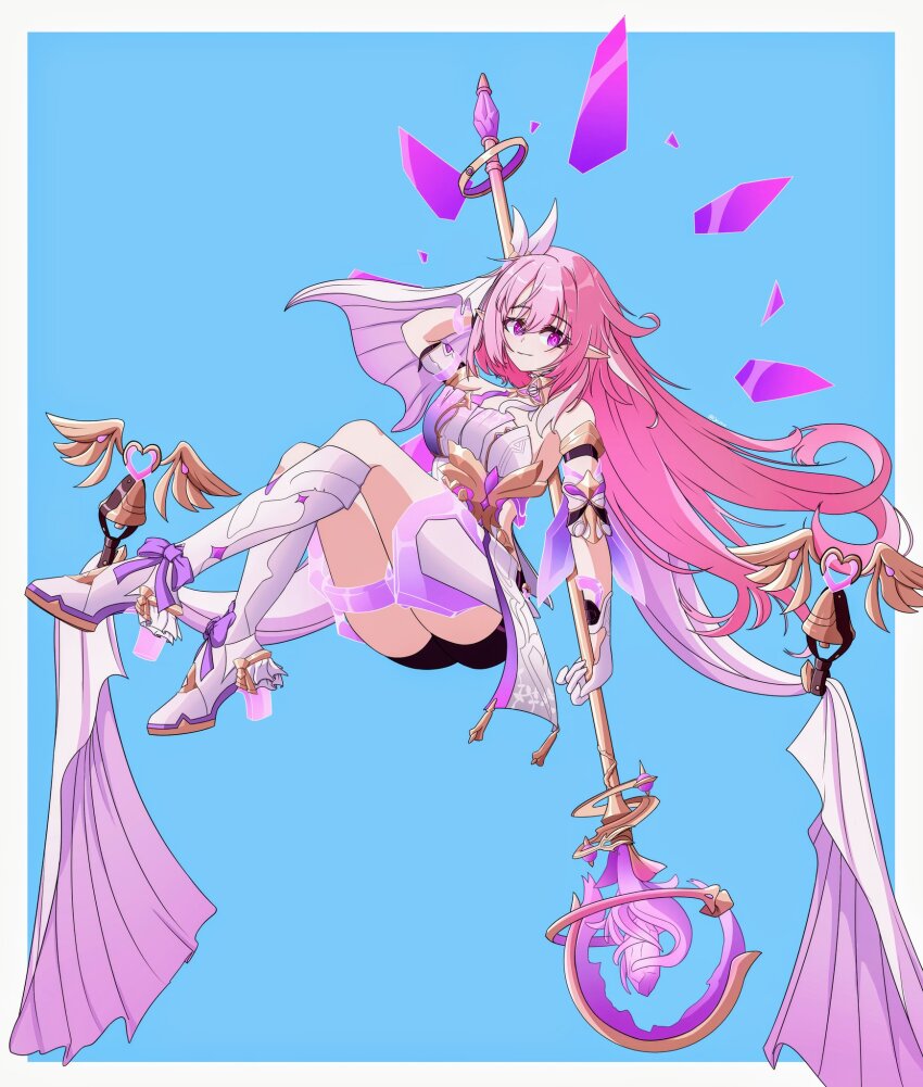1girl ass bell black_shorts blue_background boots border breasts commentary corset crystal_shards desnvz diamond-shaped_pupils diamond_(shape) elf elysia_(herrscher_of_human:_ego)_(honkai_impact) elysia_(honkai_impact) gloves high_heel_boots high_heels highres holding holding_staff honkai_(series) honkai_impact_3rd knee_boots large_breasts long_hair pink_hair pointy_ears purple_eyes shorts solo staff symbol-shaped_pupils thighs veil very_long_hair white_boots white_border white_corset white_gloves white_veil