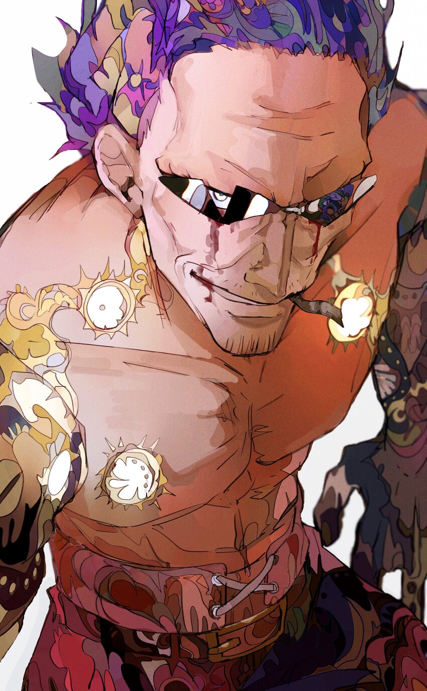 1boy abs absurdres cigarette commentary english_commentary facial_hair goatee_stubble highres looking_at_viewer male_focus one_piece one_piece_film:_z purple_hair short_hair simple_background smile solo stubble sunglasses teeth topless_male white_background yadu_nadu zephyr_(one_piece)