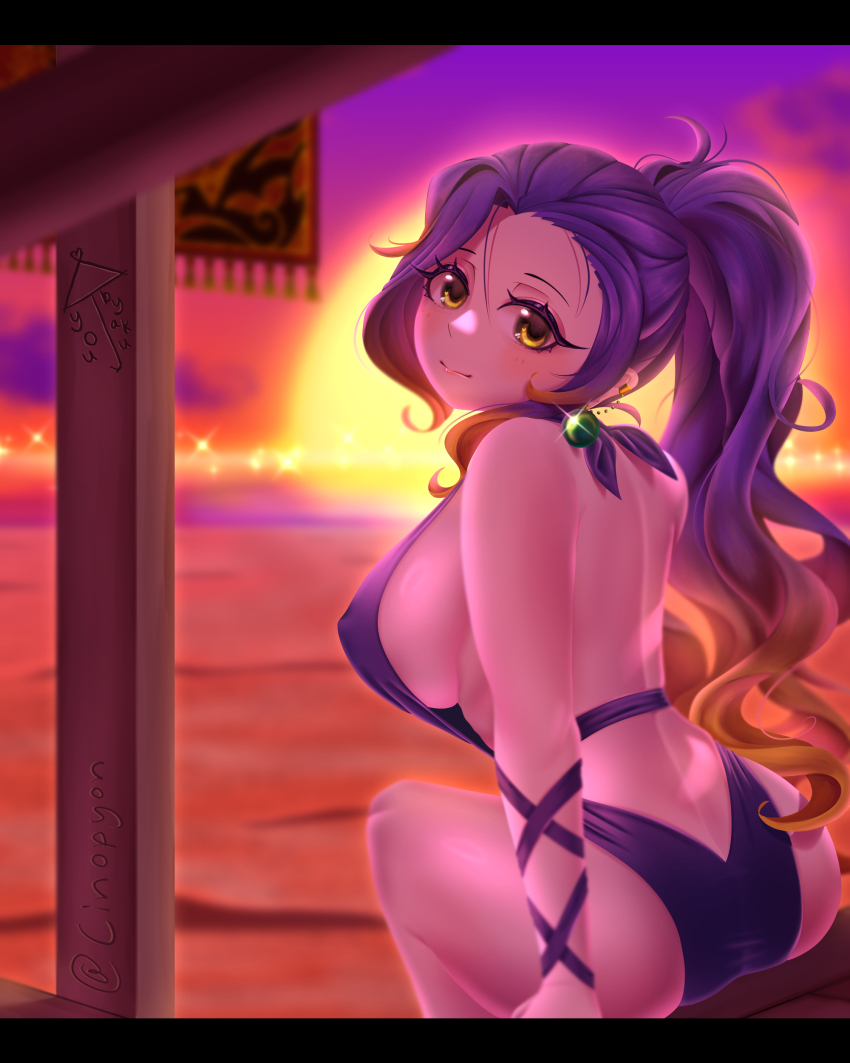 1girl absurdres artist_name ass back backboob beach blurry blurry_background blush breasts brown_hair closed_mouth covered_erect_nipples earclip earrings from_behind glint gradient_hair green_tea_reimu high_ponytail highres hijiri_byakuren jewelry large_breasts long_eyelashes long_hair looking_at_viewer looking_back multicolored_hair ocean one-piece_swimsuit ponytail purple_hair purple_sky sideboob single_earring sitting sky solo sun sunset swimsuit thighs touhou two-tone_hair wavy_hair wooden_beam