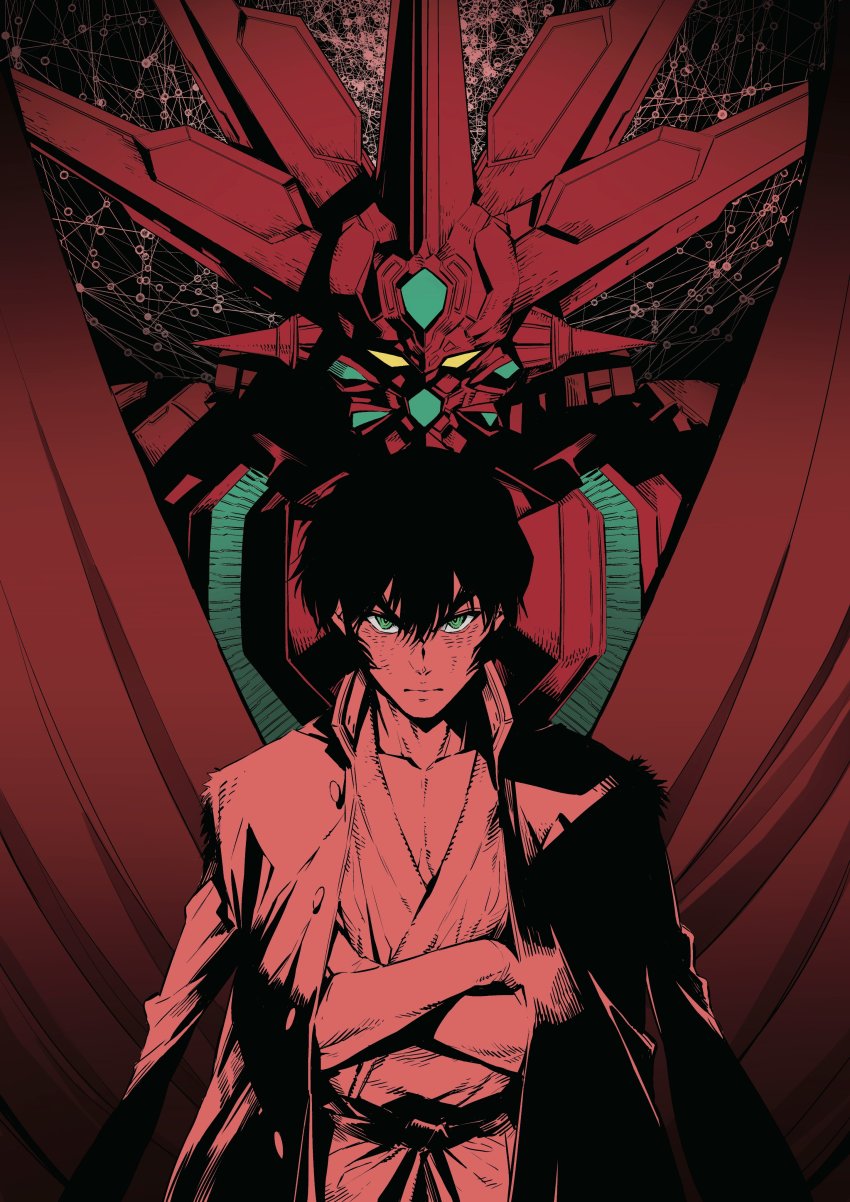 1boy absurdres closed_mouth contrast crossed_arms getter_emperor getter_robo getter_robo_devolution green_eyes hair_between_eyes highres jacket jacket_on_shoulders male_focus mecha nagare_ryoma red_theme robot shimoguchi_tomohiro textless_version torn yellow_eyes
