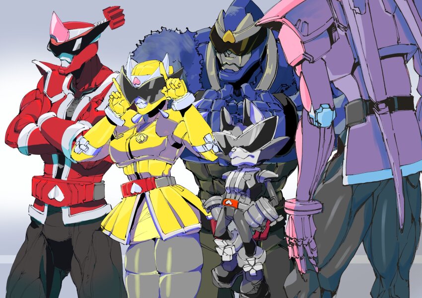 1girl 4boys abs animal_ears animification armor armored_skirt avataro_sentai_donbrothers belt bird bird_wings black_belt black_bodysuit black_boots black_gloves black_pants blue_fur bodysuit boots breasts clenched_hand clenched_hands commentary commentary_request cowboy_shot crane_(animal) crossed_arms dog_ears donmomotarou floating full_body gloves gorilla grey_background hand_fan hand_on_own_hip helmet highres horns ichitaka_(1015ichitaka) inubrother japanese_armor kijibrother large_breasts long_legs looking_at_viewer looking_away looking_to_the_side male_focus multiple_boys muscular muscular_male oni oni_horns oni_sister own_hands_together pants pink_armor pink_footwear pink_gloves profile rabbit_pose red_gloves sarubrother shadow shiba_inu simple_background size_difference skirt stylistic sunglasses super_sentai tall_male tokusatsu white_background wings yellow_footwear yellow_gloves
