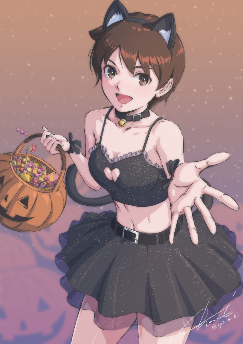 1girl absurdres animal_ears bell belt breasts brown_eyes brown_hair candy capcom cat_ears cat_tail choker cleavage food halloween halloween_costume hand_extended highres kasugano_sakura looking_at_viewer midriff navel open_mouth short_hair skirt street_fighter tagme tail thighs trick_or_treat tyanoki watermark