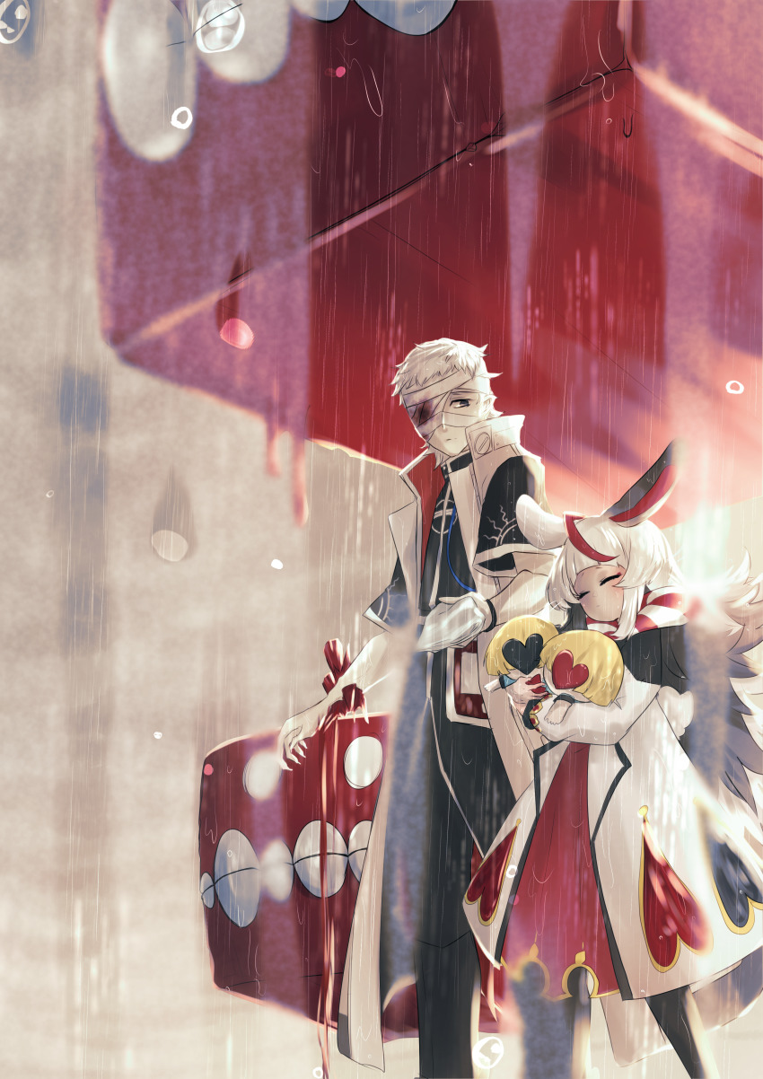 1boy 1girl absurdres ahoge alchemy_stars alice_(alchemy_stars) animal_ears bandage_over_one_eye bandages black_legwear blood bloody_bandages blurry closed_mouth coat crystal depth_of_field doll dress dripping closed_eyes feet_out_of_frame gloves heart highres holding holding_doll long_hair looking_at_another multicolored_hair nails_(alchemy_stars) pants rain red_hair sad shiromantou shirt short_hair streaked_hair teeth very_long_hair white_hair
