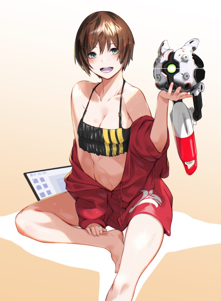 1girl blue_eyes breasts brown_hair cleavage collarbone drone fune_(fune83ojj) glowing gradient_background highres hood hoodie lily_artemis_ii_(stellar_blade) medium_breasts navel open_mouth red_hoodie science_fiction short_hair sitting smile stellar_blade stomach swimsuit