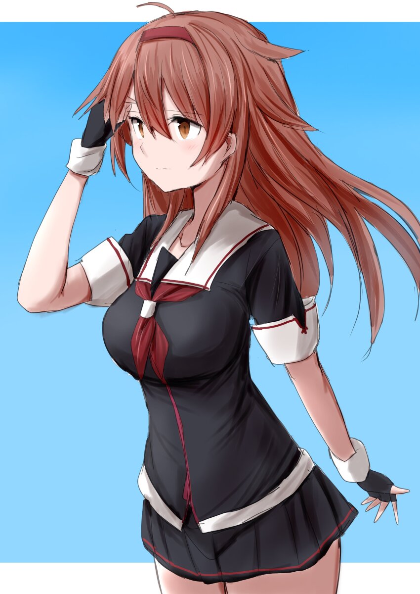 1girl absurdres black_gloves breasts brown_hair collarbone gloves hairband highres kamaboko_senshi kantai_collection long_hair medium_breasts miniskirt pleated_skirt red_hairband sailor_collar school_uniform serafuku shiratsuyu_(kancolle) short_sleeves skirt