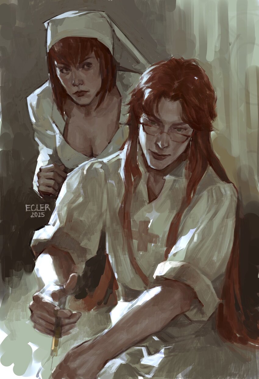 1boy 1girl blue_eyes breasts cleavage dress ecler_ecler glasses grell_sutcliff hair_over_shoulder hat head_tilt highres holding holding_syringe injection kuroshitsuji long_hair long_sideburns looking_at_viewer madam_red painterly red_hair shirt sideburns sleeves_rolled_up smirk syringe upper_body white_dress white_hat white_shirt