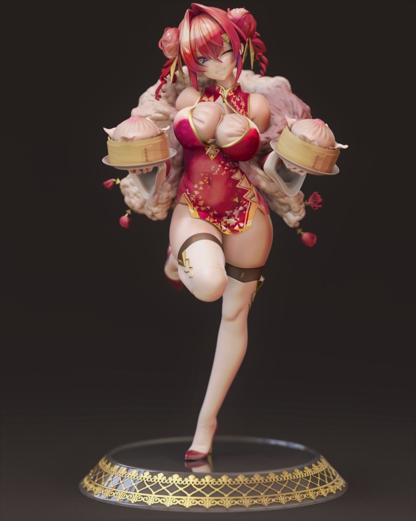 1girl 3d absurdres alternate_costume alternate_hairstyle ange_katrina steamed_bun black_panties blue_eyes breast_padding breasts center_opening chikb china_dress chinese_clothes covered_navel double_bun dress food full_body fur_scarf hair_between_eyes hair_bun hair_ornament hairclip head_tilt high_heels highres holding holding_plate looking_at_viewer nail_polish nijisanji one_eye_closed open_mouth panties panty_straps plate red_hair red_nails short_dress short_hair side_bun simple_background single_side_bun skindentation small_breasts smile solo standing standing_on_one_leg thick_thighs thighhighs thighs underwear virtual_youtuber white_footwear white_thighhighs zbrush_(medium)