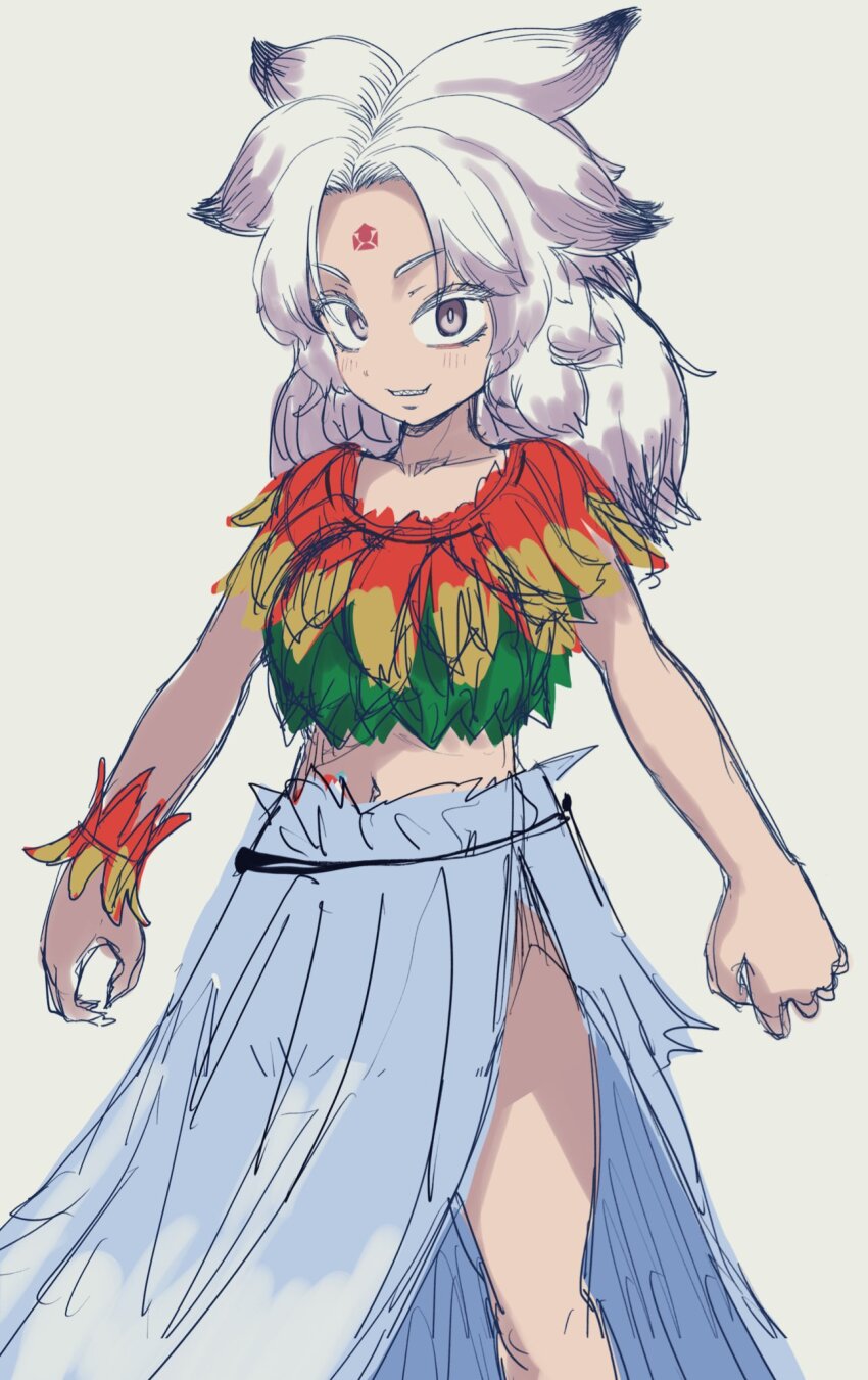 1girl blue_sky commentary_request feet_out_of_frame forehead_tattoo grey_eyes grin highres houjuu_chimi leaf_clothing long_hair looking_at_viewer midriff navel parted_bangs sharp_teeth shika_miso simple_background sketch sky smile solo standing teeth touhou v-shaped_eyebrows white_background white_hair