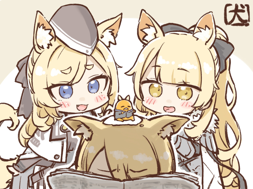 1boy 2girls akanotanin13 animal_ear_fluff animal_ears arknights armor aunt_and_niece black_hat blemishine_(arknights) blonde_hair blue_eyes chibi crossover garrison_cap gudetama hat holding holding_newspaper horse_boy horse_ears horse_girl horse_tail long_hair mlynar_(arknights) multiple_girls newspaper open_mouth ponytail sanrio short_hair signature smile tail uncle_and_niece whislash_(arknights) yellow_eyes