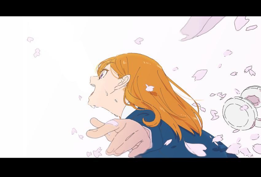 1girl blue_jacket collared_shirt commentary dress_shirt falling_petals headphones highres jacket letterboxed long_hair long_sleeves love_live! love_live!_superstar!! open_mouth orange_hair petals pink_petals profile purple_eyes saitou_atsushi_(kamatamanankotu) school_uniform shibuya_kanon shirt smile solo sweat unworn_headphones upper_body white_background white_headphones white_shirt winter_uniform yuigaoka_school_uniform