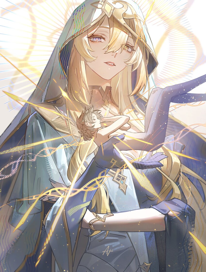 1boy 1girl absurdres aji_11300913 albedo_(genshin_impact) blonde_hair blue_eyes closed_mouth colored_extremities commentary genshin_impact hair_between_eyes hashtag-only_commentary heterochromia highres long_hair parted_lips purple_hands rhinedottir_(genshin_impact) short_hair signature symbol-shaped_pupils veil white_veil yellow_eyes